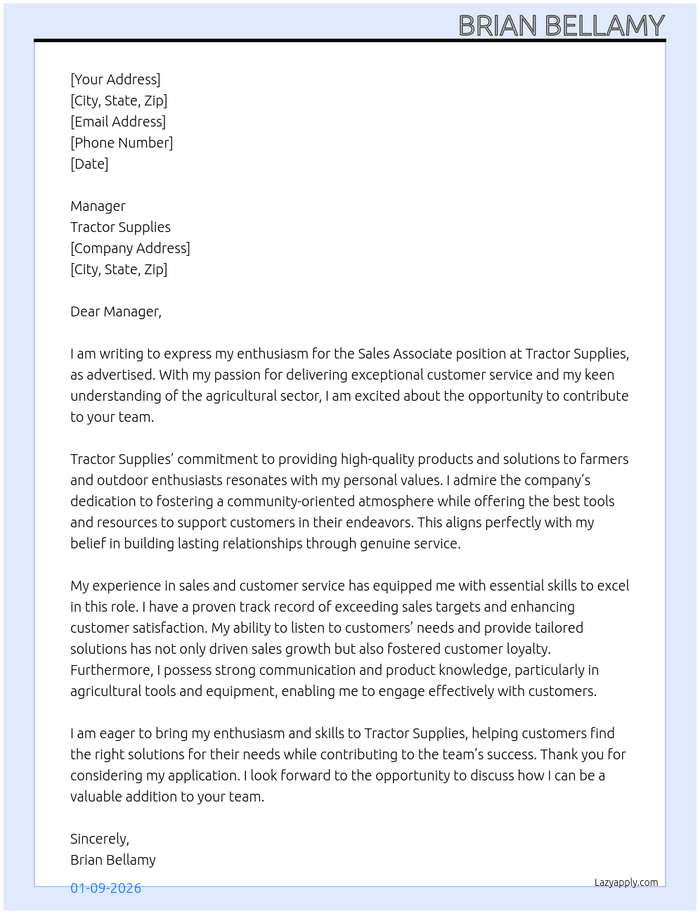 Sales Associate At Tractor Supplies  Cover Letter