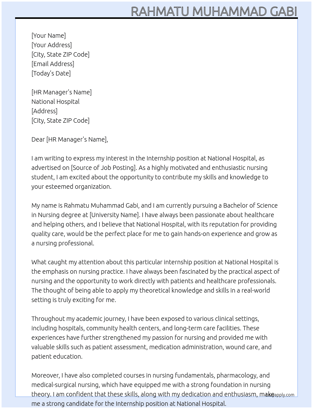 Internship  At National Hospital  Cover Letter