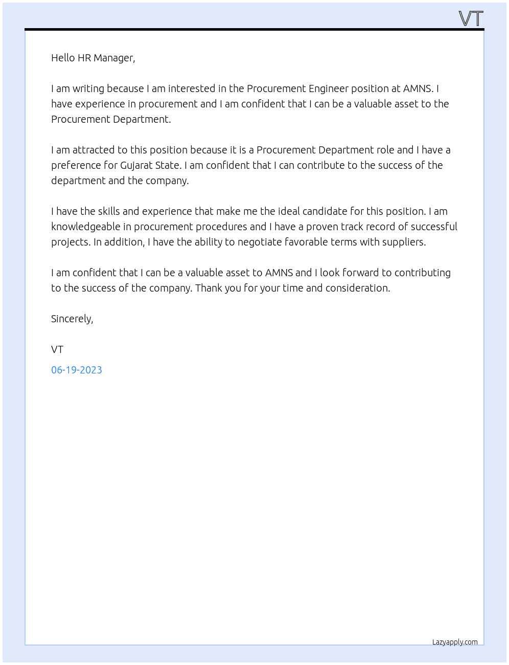 Procurement Engineer At AMNS Cover Letter