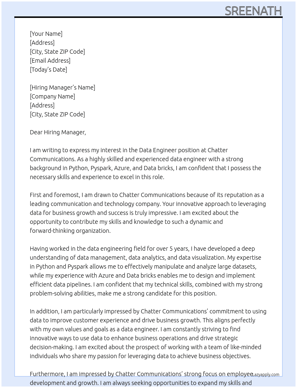Data Engineer At Chatter communications Cover Letter