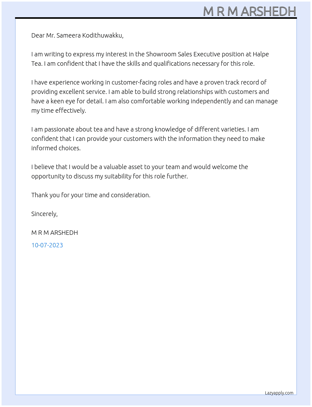 Showroom Sales Executive At Halpe Tea Cover Letter