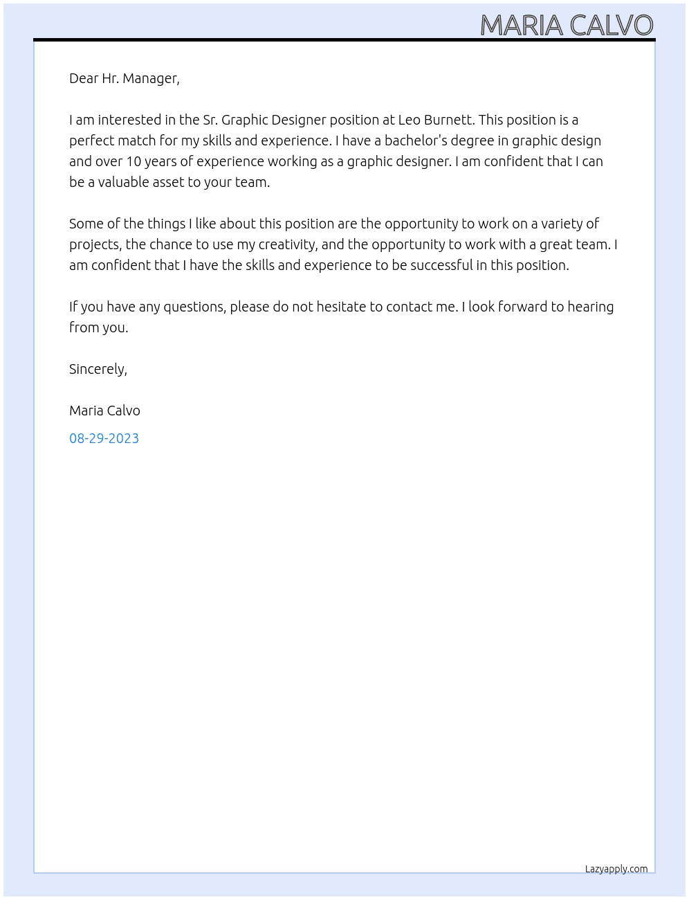 Sr. Graphic Designer At Leo Burnett Cover Letter
