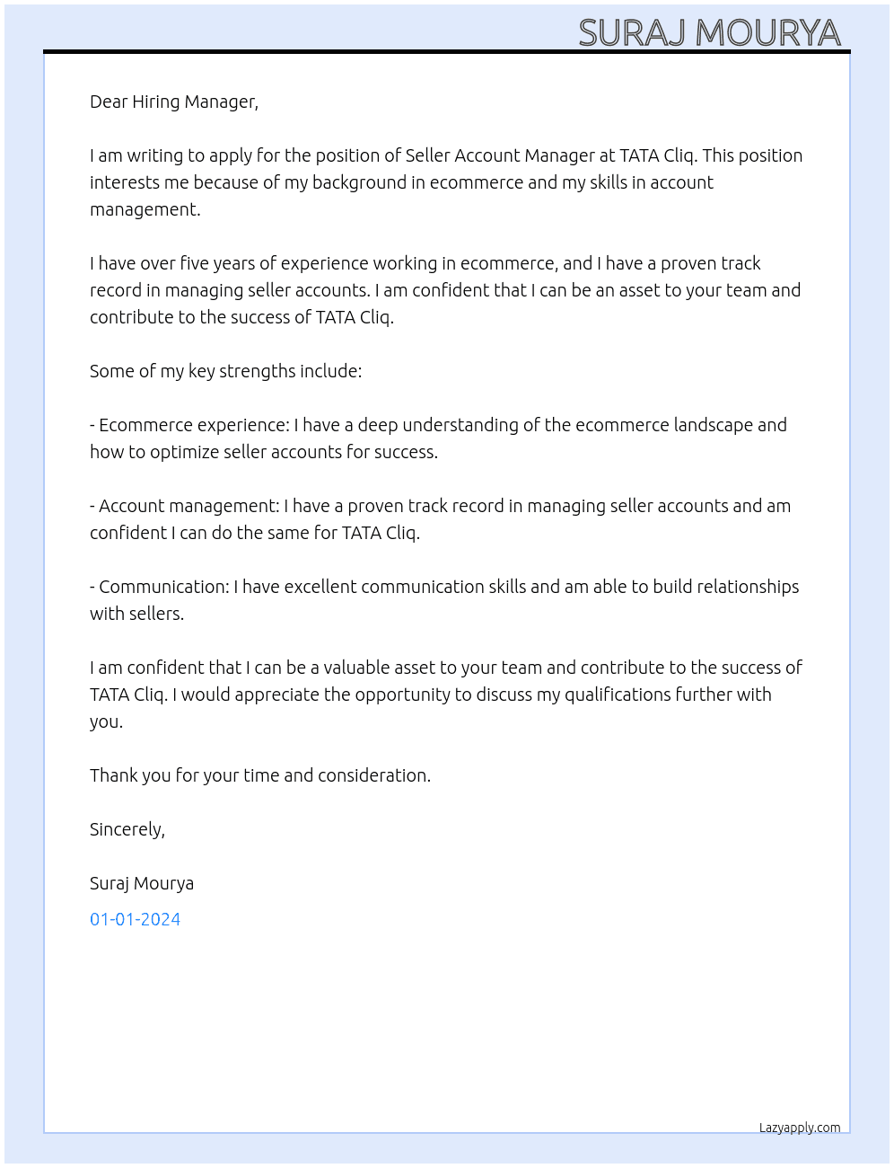 Seller account management  At TATA Cliq Cover Letter