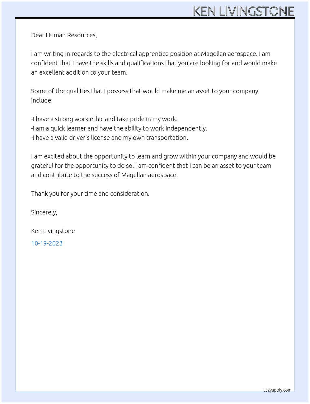 Electrical apprentice  At Magellan aerospace  Cover Letter