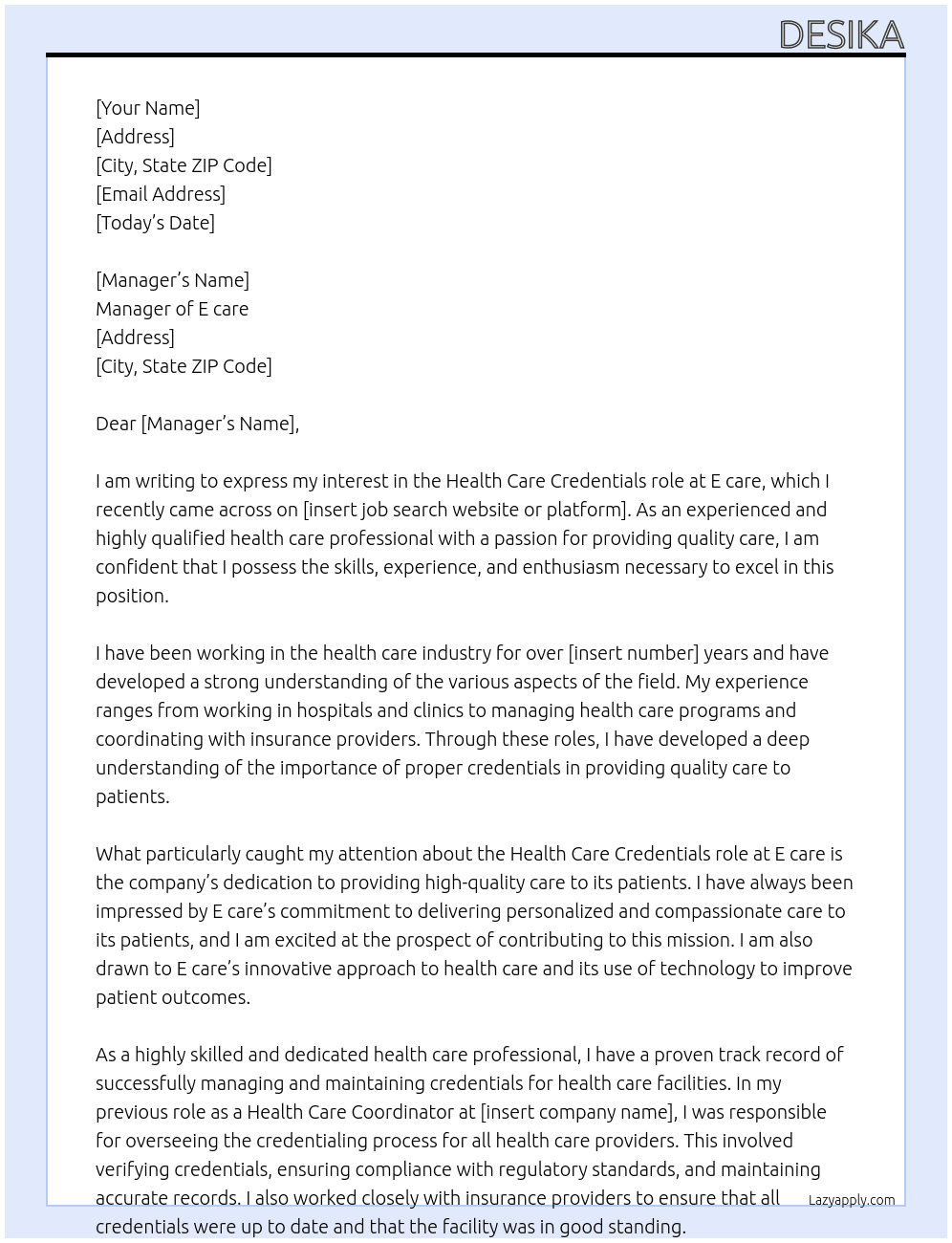 Health care At E care  Cover Letter