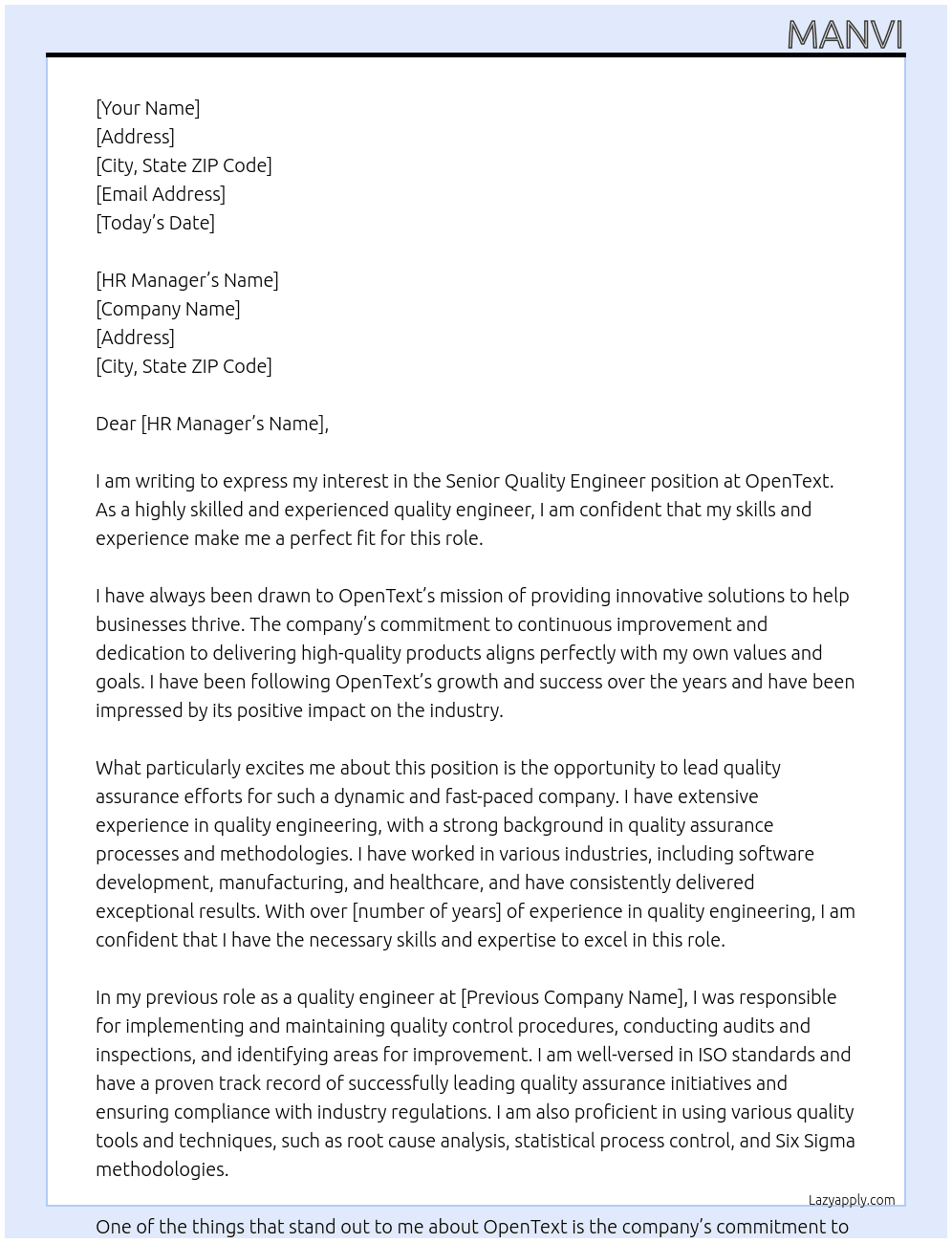 SR quality engineer At OpenText Cover Letter