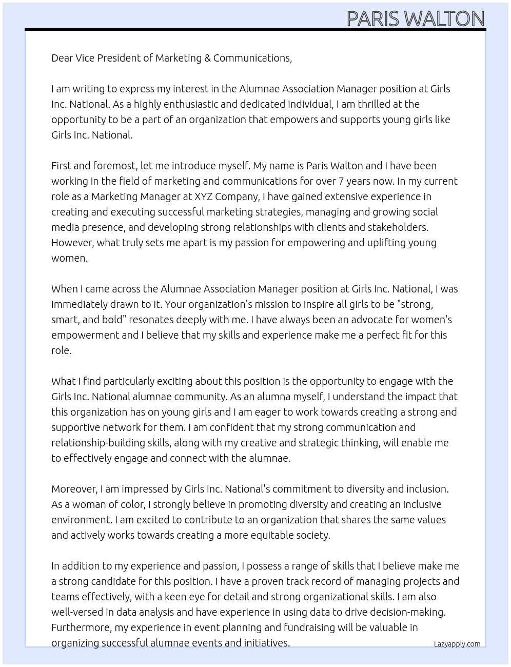 Alumnae Association Manager At Girls Inc. National Cover Letter