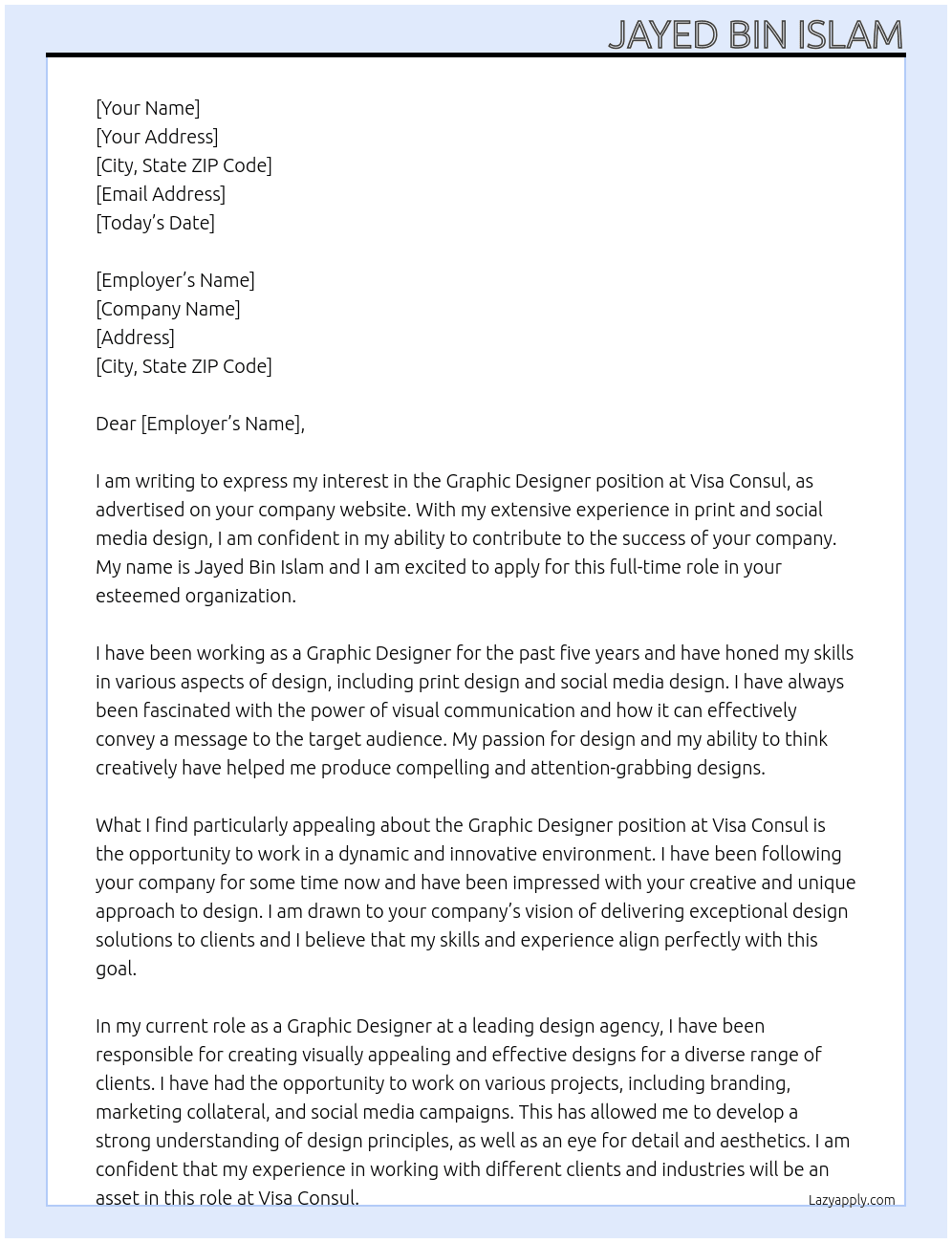 Graphic Designer At Visa Consul Cover Letter