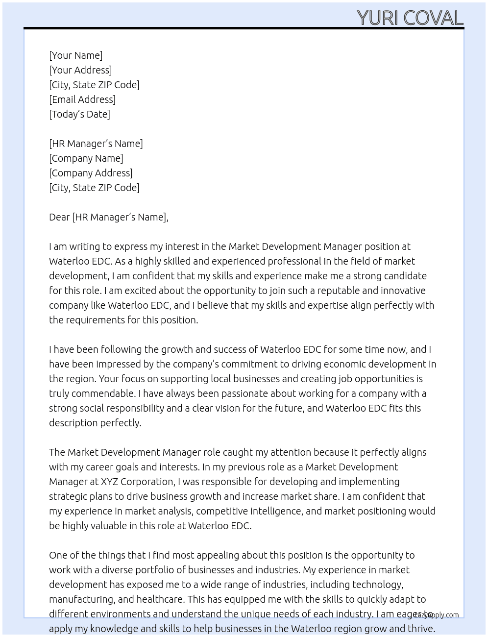 Market Development Manager At Waterloo EDC Cover Letter