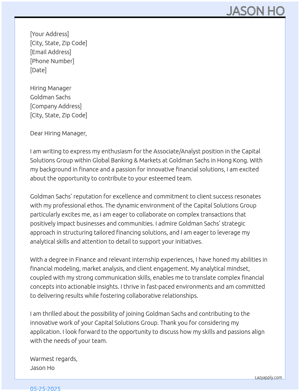 Cover letter for global banking & markets, investment banking, capital solutions group, associate/ analyst, hong kong - LazyApply