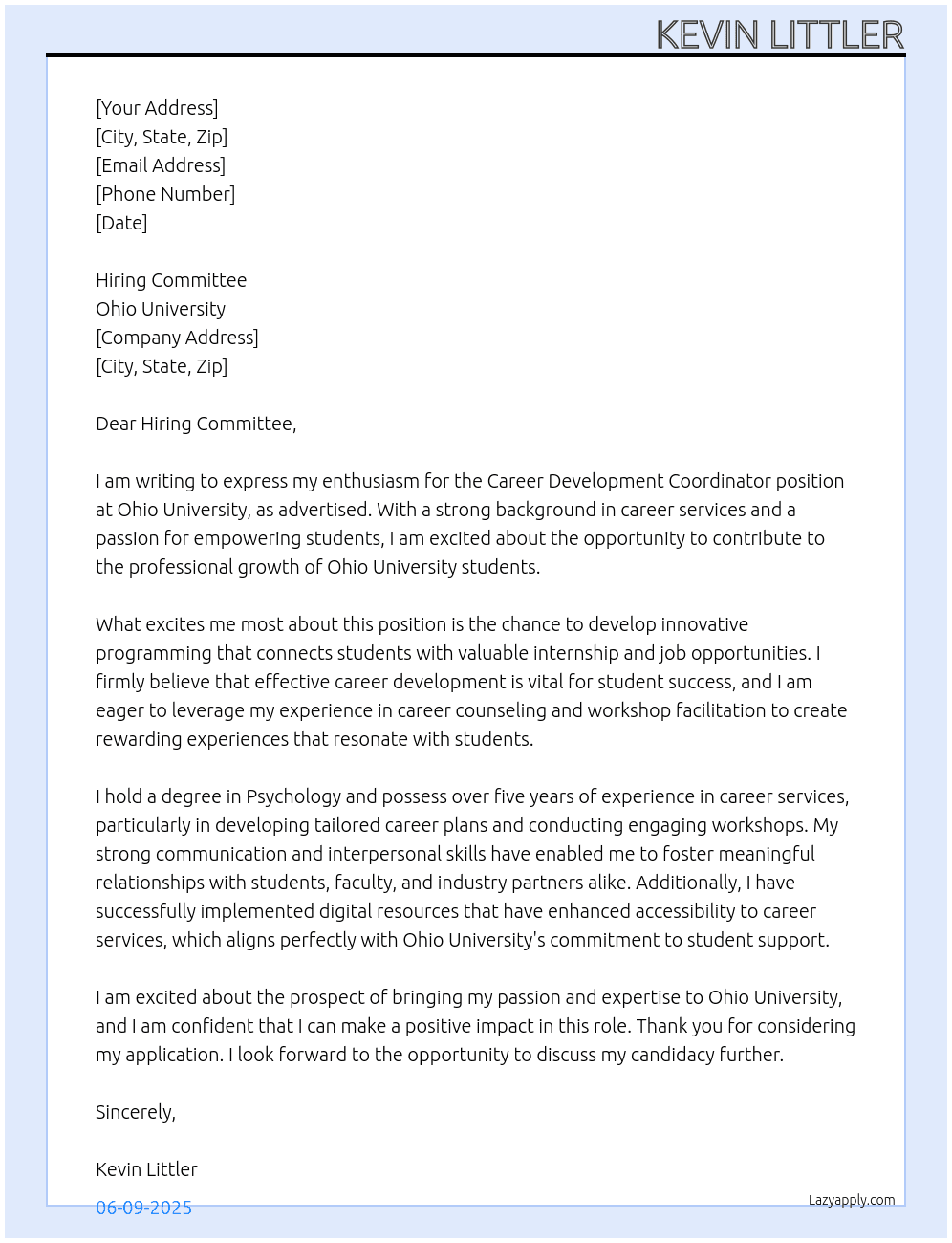  Career Development Coordinator At Ohio University Cover Letter