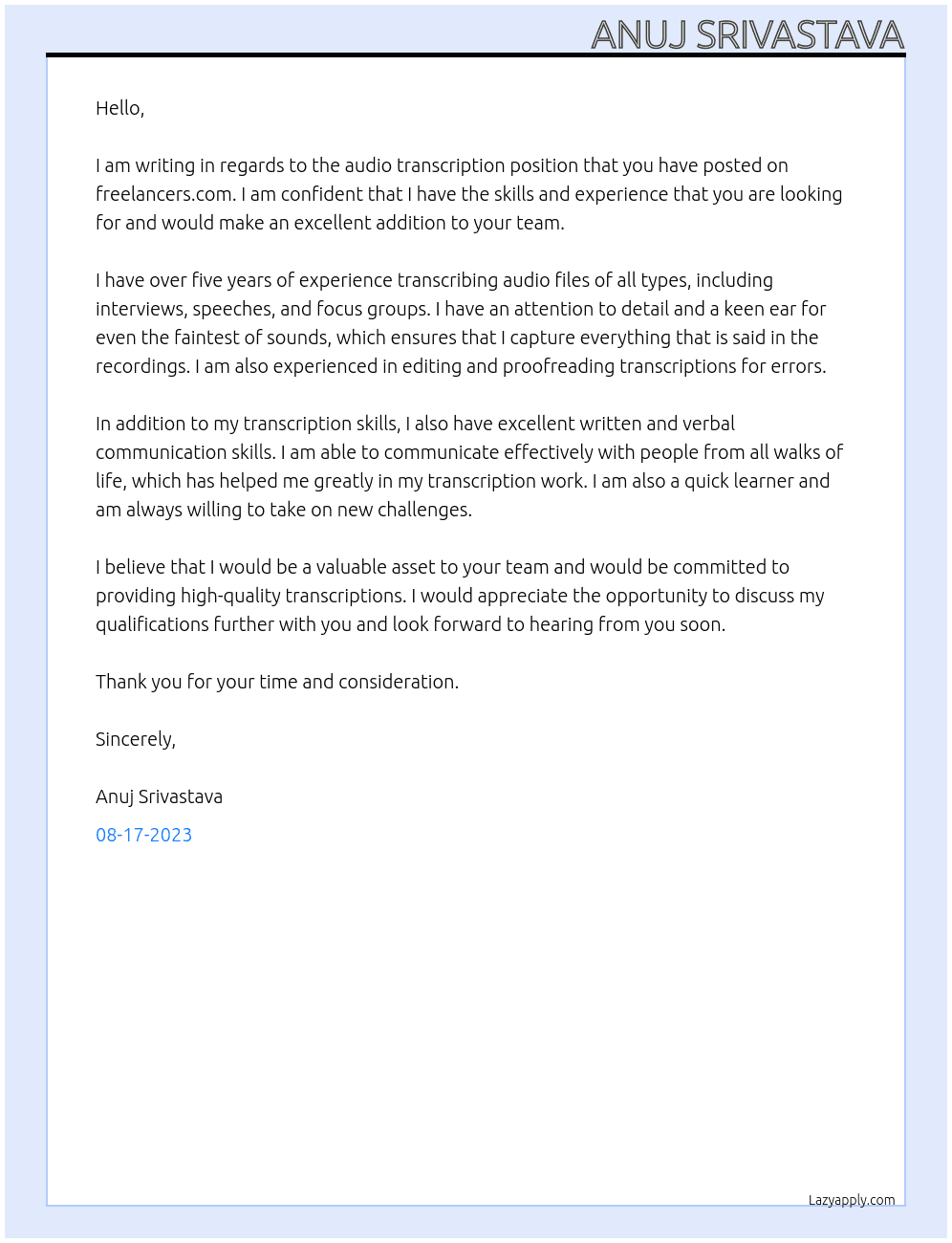 Audio Transcription  At freelancers recruter Cover Letter