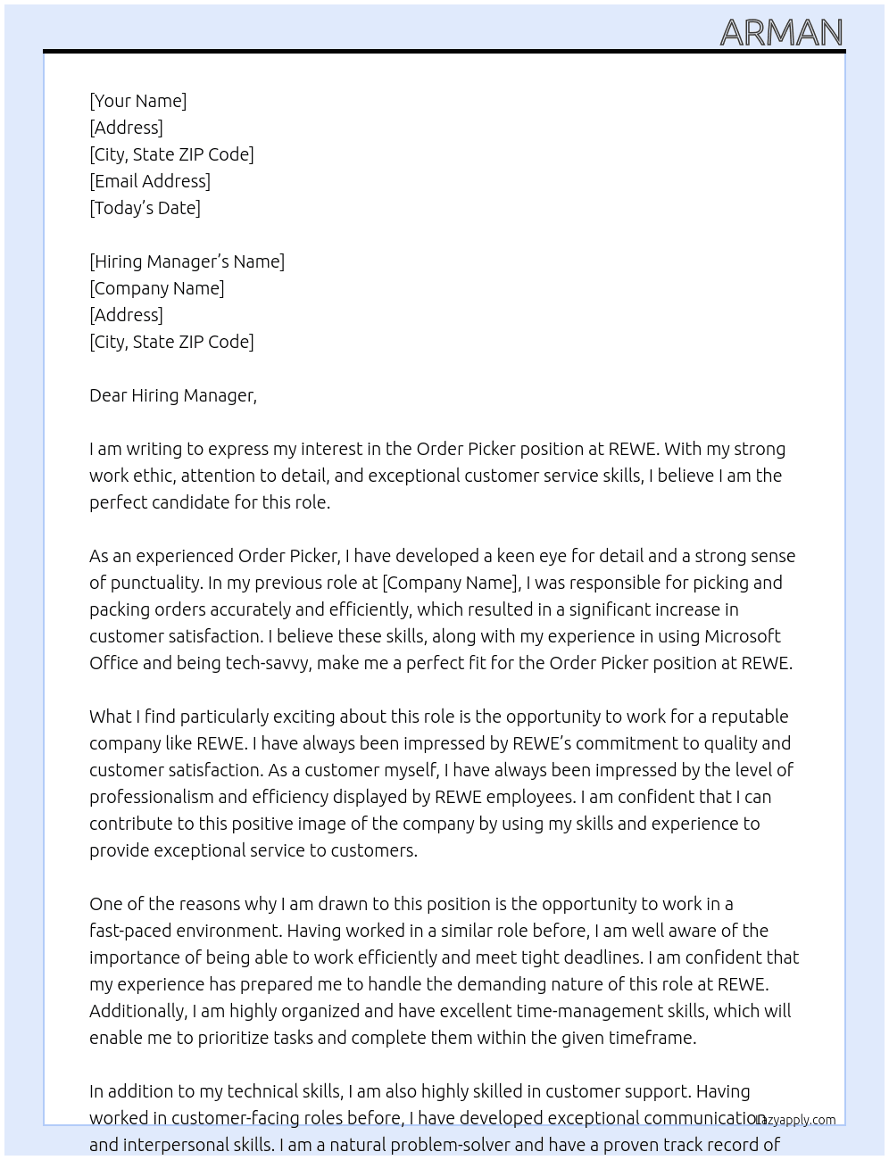 Order picker At REWE Cover Letter