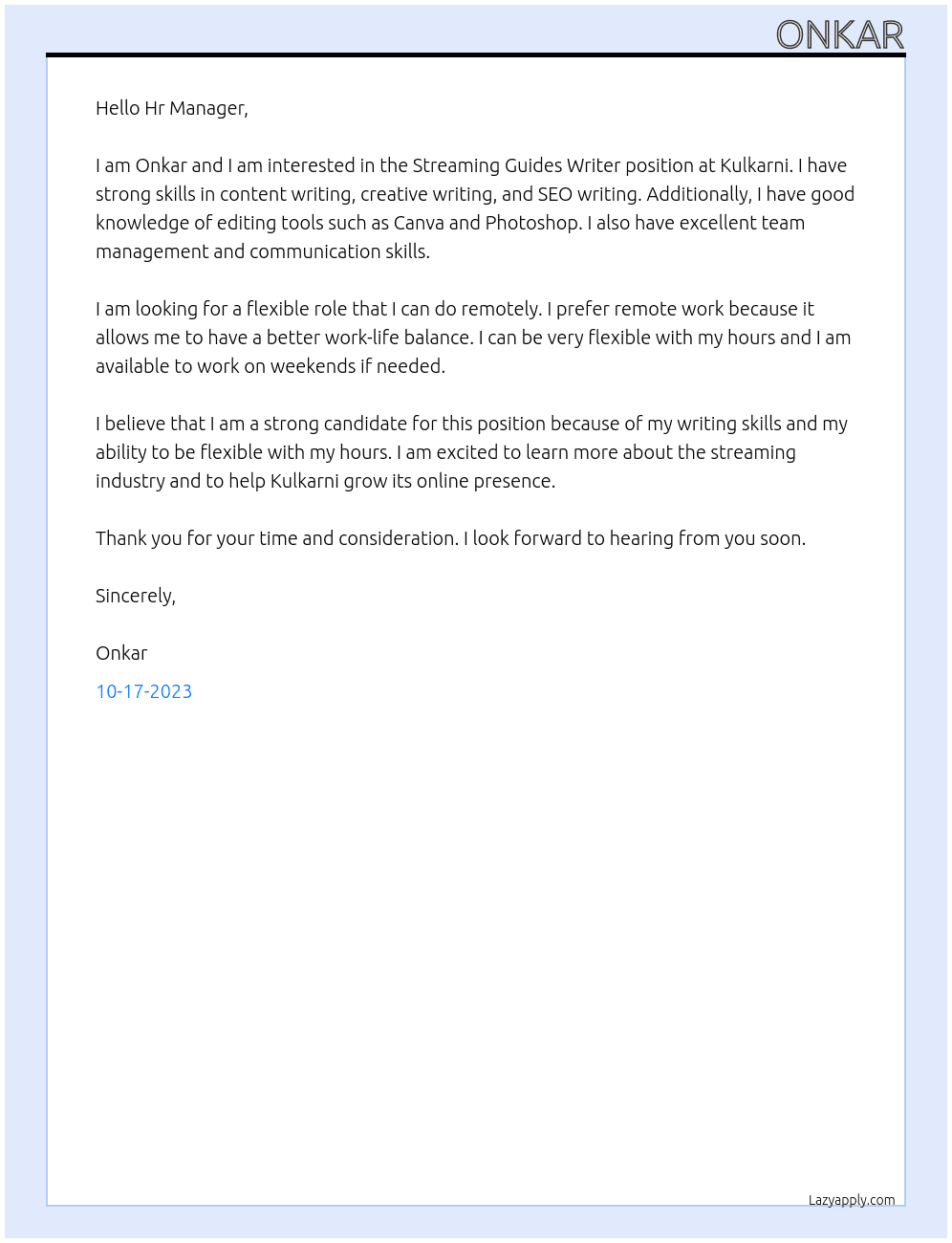 Streaming Guides Writer At Kulkarni Cover Letter