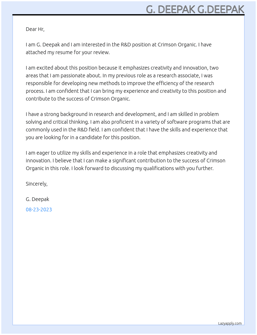R&D At Crimson Organic  Cover Letter