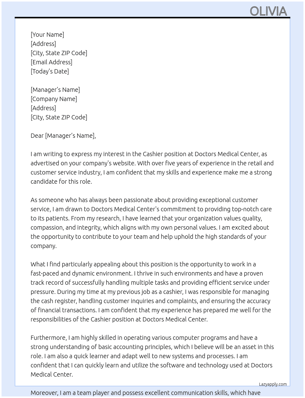 Cashier  At Doctors medical center  Cover Letter