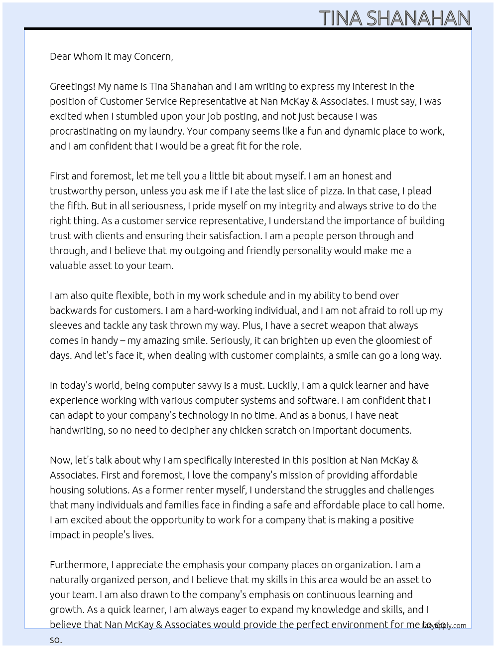 Customer service representative  At Nan McKay & Associates Cover Letter