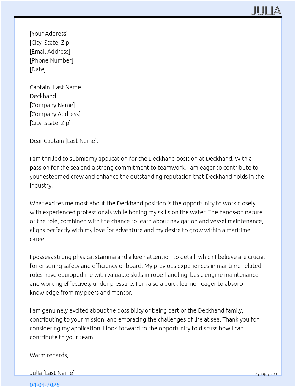 deckhand  At DEckhand  Cover Letter