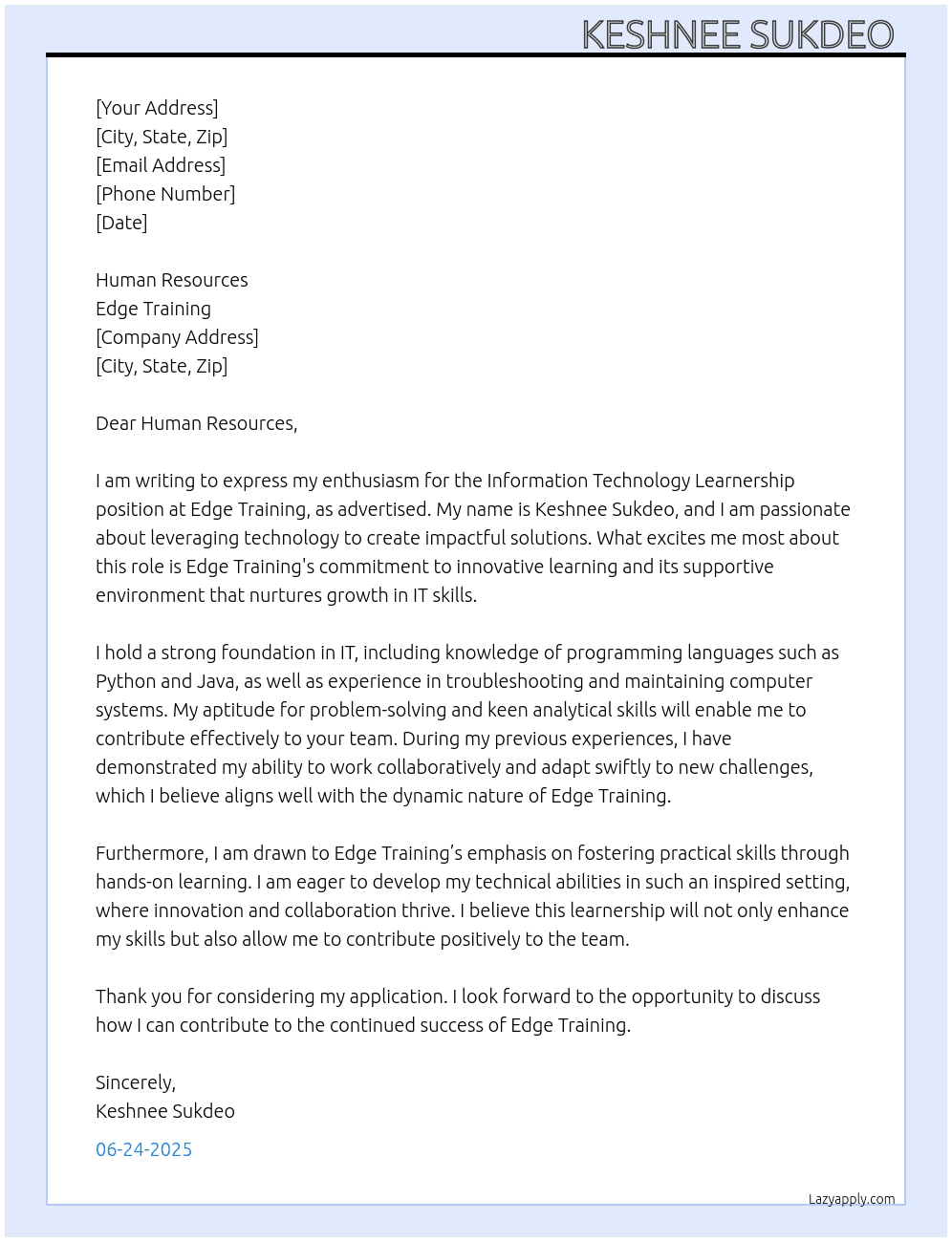Cover letter for information technology learnership - LazyApply