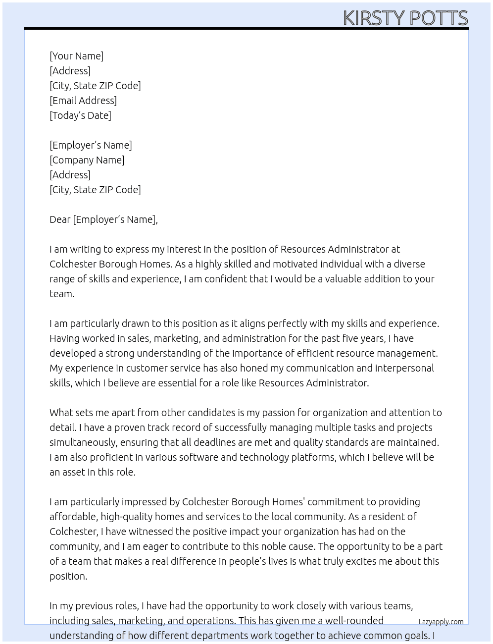 Resources Administrator At Colchester borough homes Cover Letter