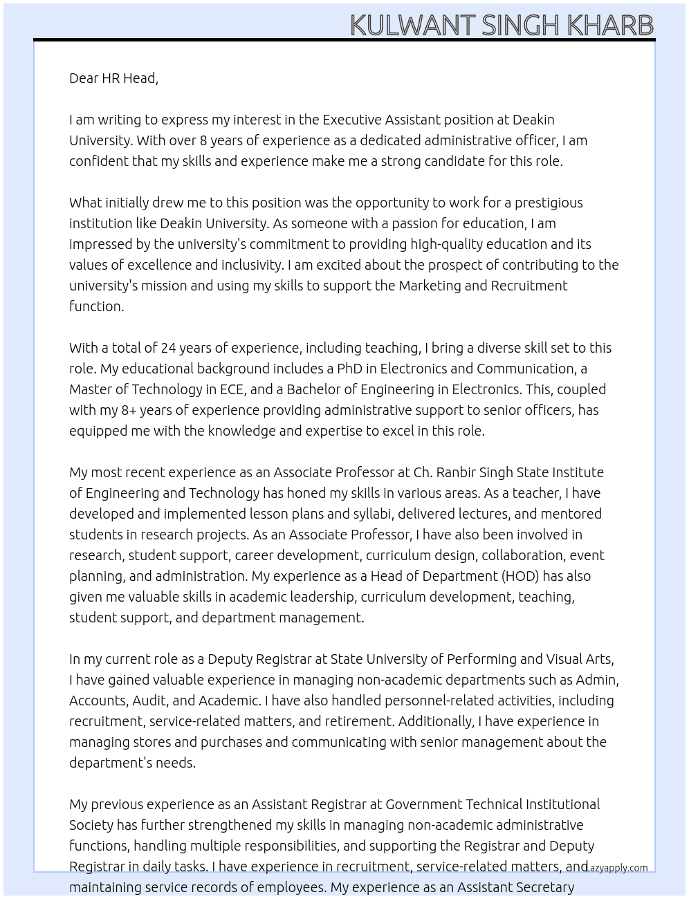 EXECUTIVE ASSISTANT At DEAKIN UNIVERSITY Cover Letter