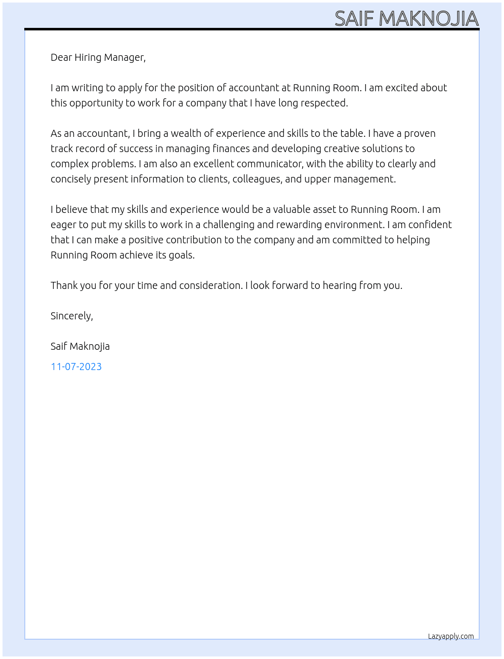 Accountant At Running Room Cover Letter