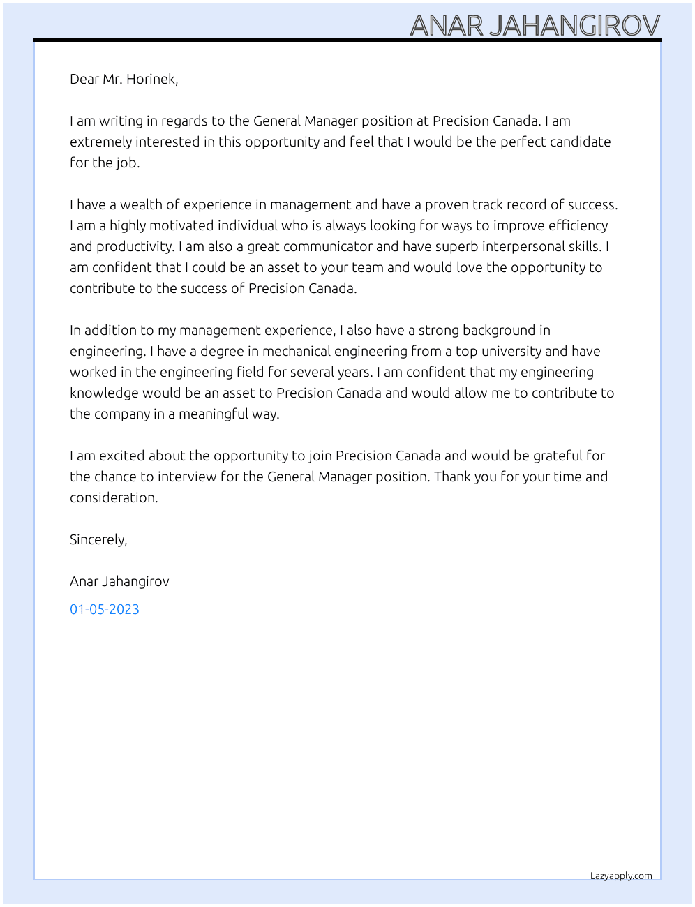 General Manager At Precision Canada Cover Letter