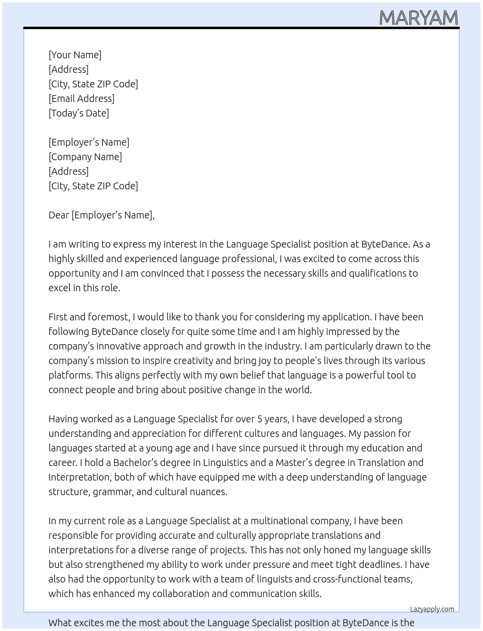 Language Specialist  At ByteDance Cover Letter