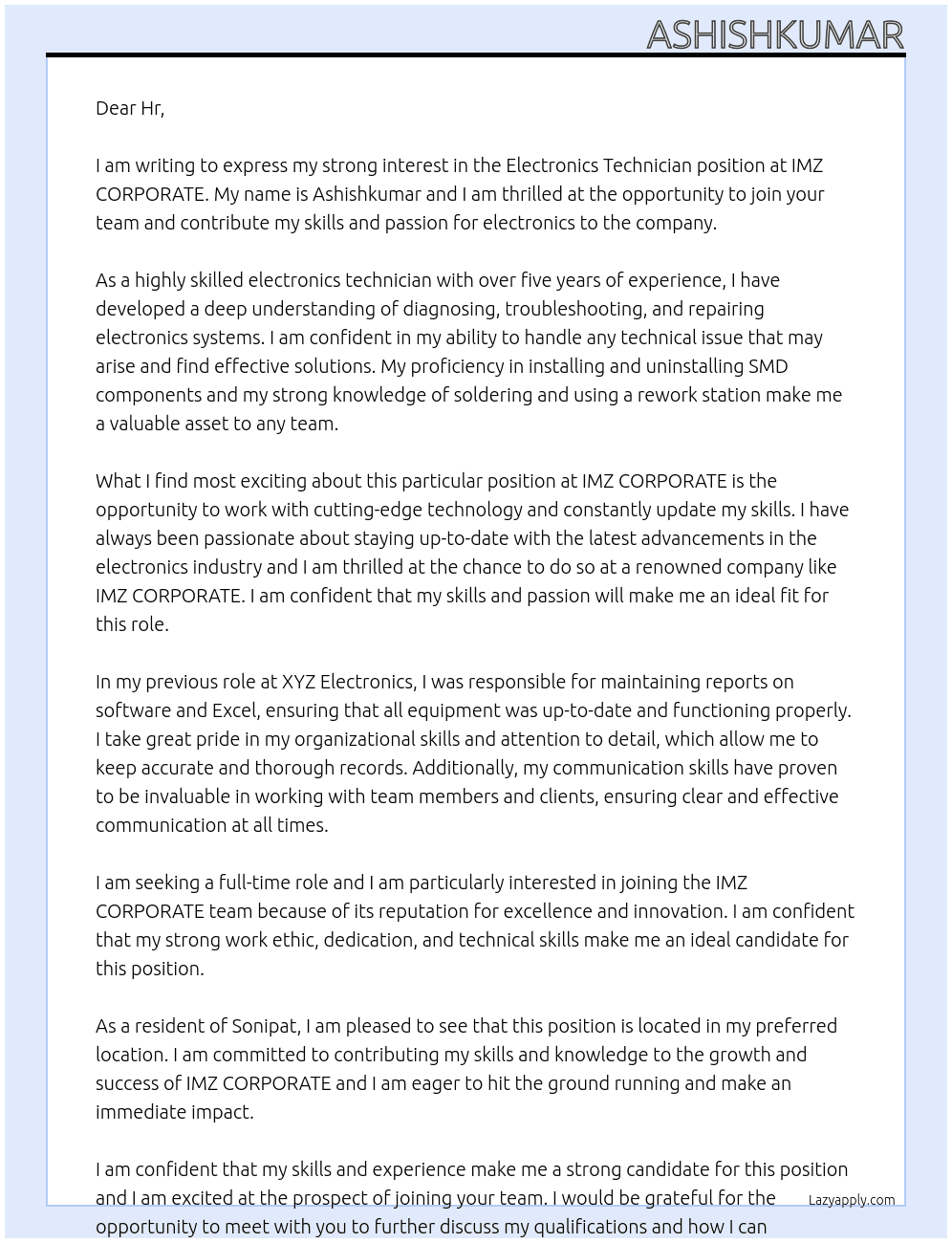 Electronics Technician At IMZ CORPORATE Cover Letter