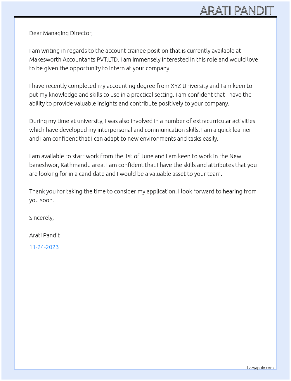 Account trainee At Makesworth Accountants PVT.LTD. Cover Letter