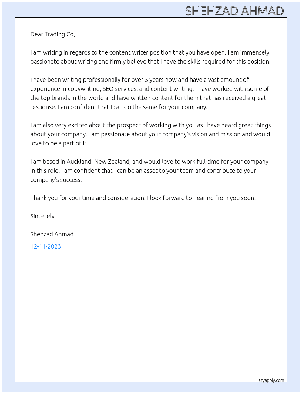 Content writer  At Trading Co  Cover Letter