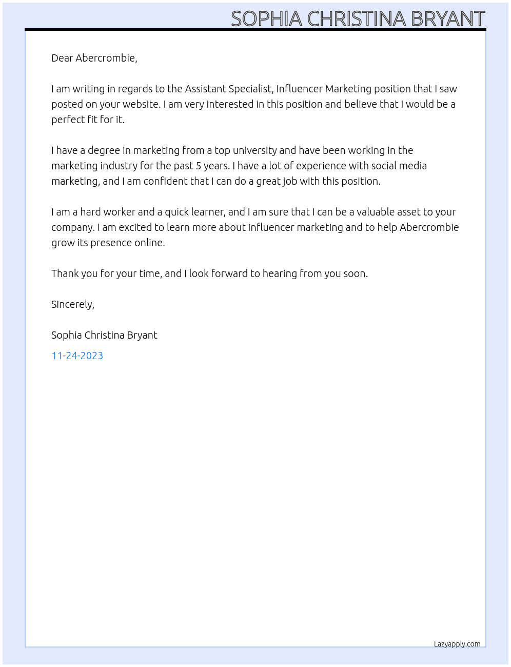 Assistant Specialist, Influencer Marketing At Abercrombie Cover Letter