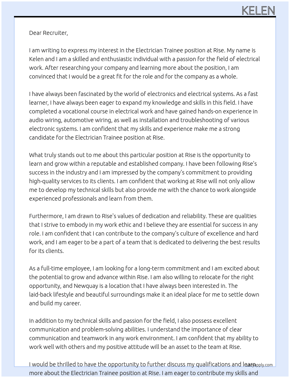 electrician trainee  At rise  Cover Letter