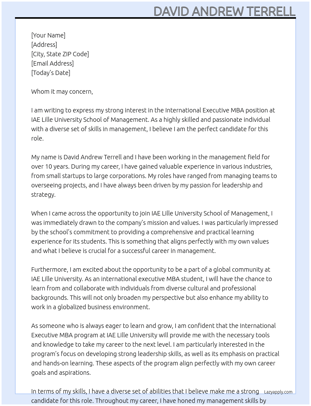 INTERNATIONAL- EXECUTIVE MBA At IAE Lille University School of Management Cover Letter