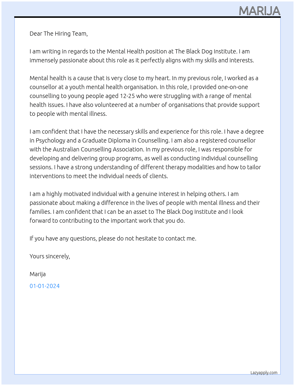 Mental Health At The Black Dog Institute  Cover Letter