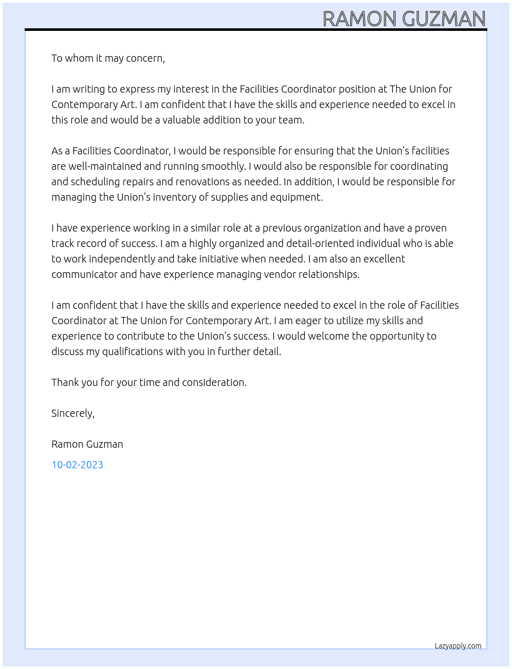 Facilities Coordinator At The Union for Contemporary Art  Cover Letter