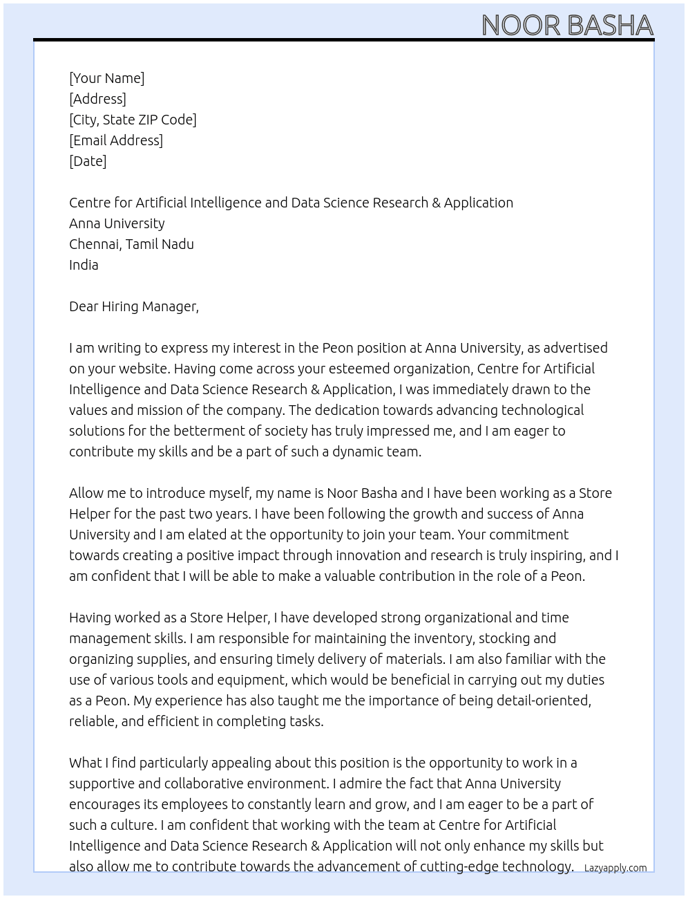 Peon At Anna University Cover Letter