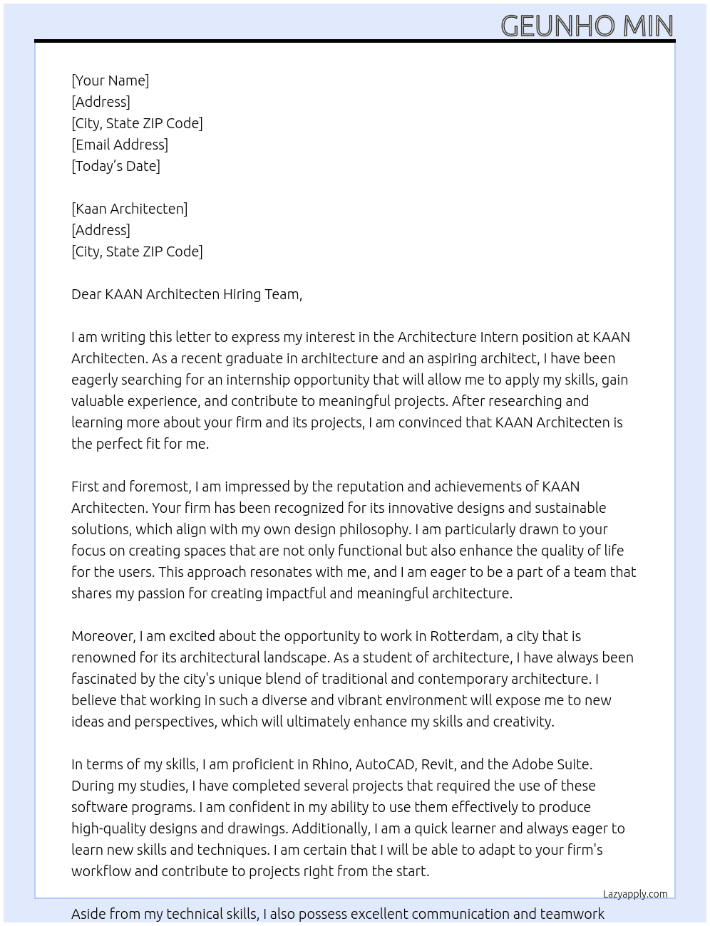 Architecture Intern At KAAN Architecten Cover Letter