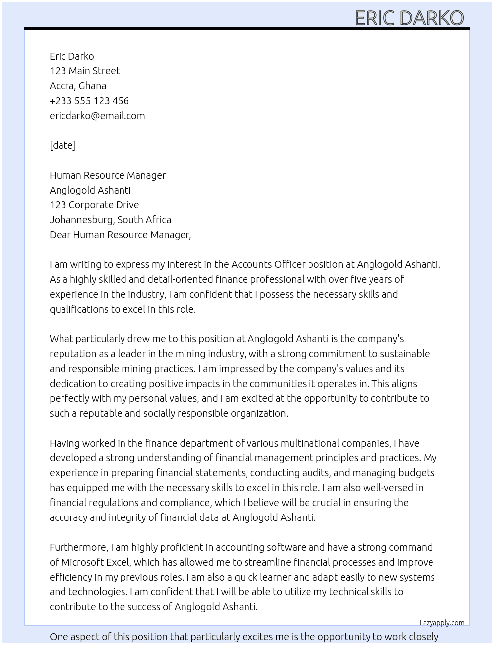 Accounts officer  At Anglogold Ashanti  Cover Letter