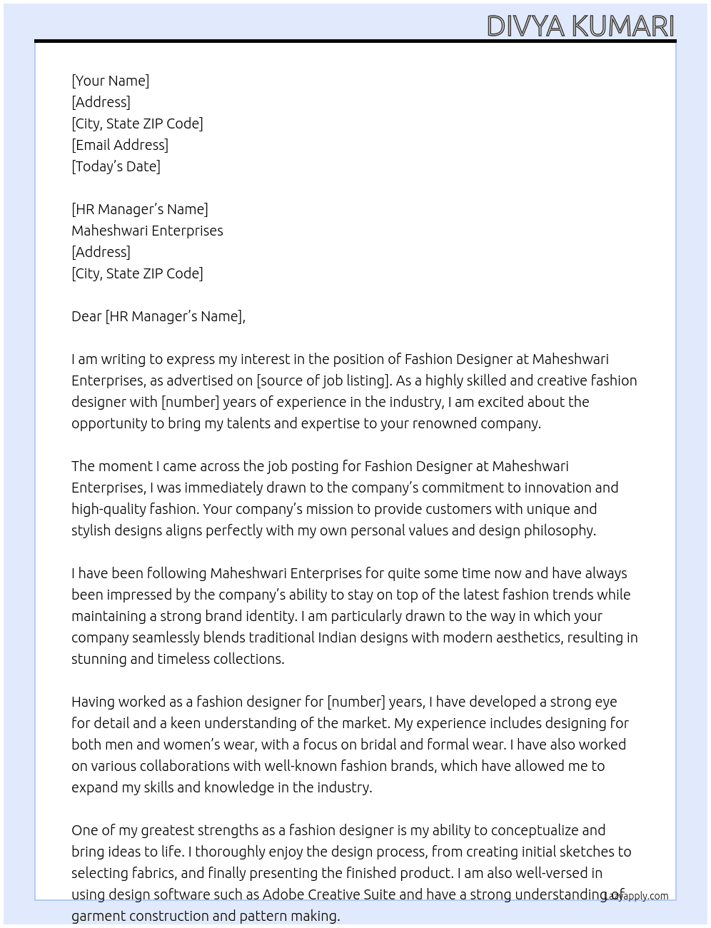 Fashion Designer At Maheshwari Enterprises Cover Letter