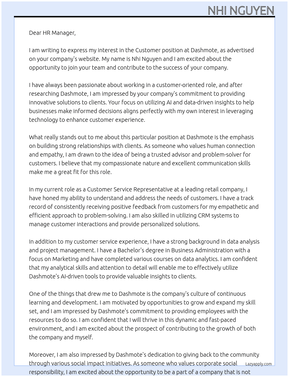 Customer At Dashmote  Cover Letter