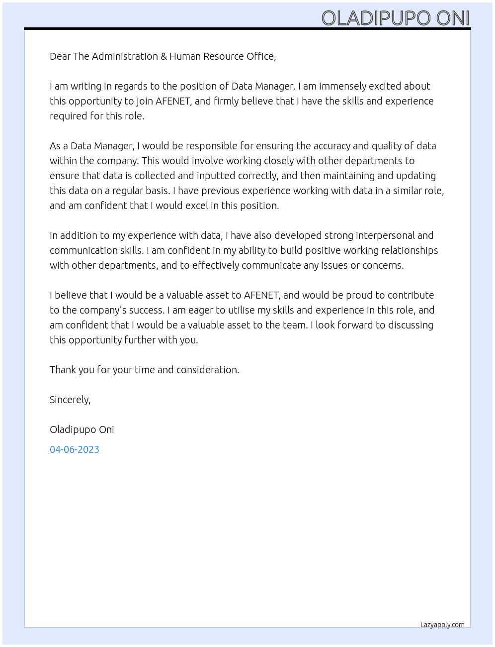Data Manager At AFENET Cover Letter