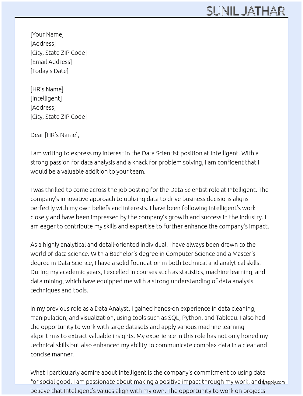 Data scientist  At Intelligent  Cover Letter