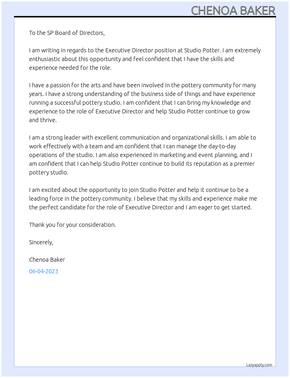 Executive Director At Studio Potter Cover Letter