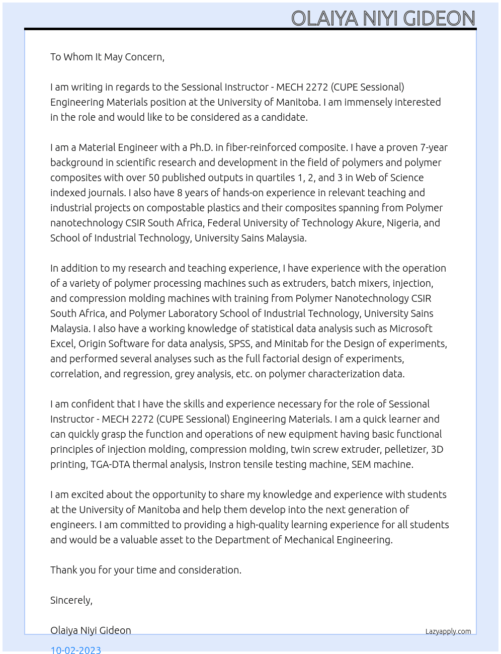 Sessional Instructor - MECH 2272 (CUPE Sessional) Engineering Materials  At Mechanical Engineering University of Manitoba Cover Letter