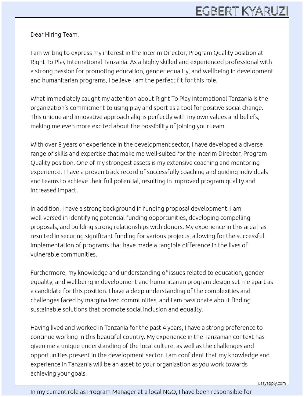 Interim Director, Program Quality At Right To Play International Tanzania Cover Letter