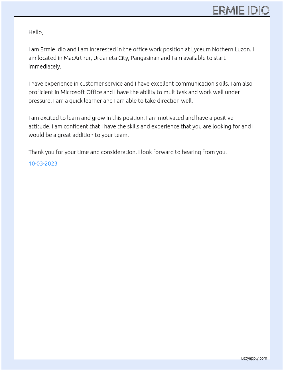 office work At Lyceum Nothern Luzon Cover Letter