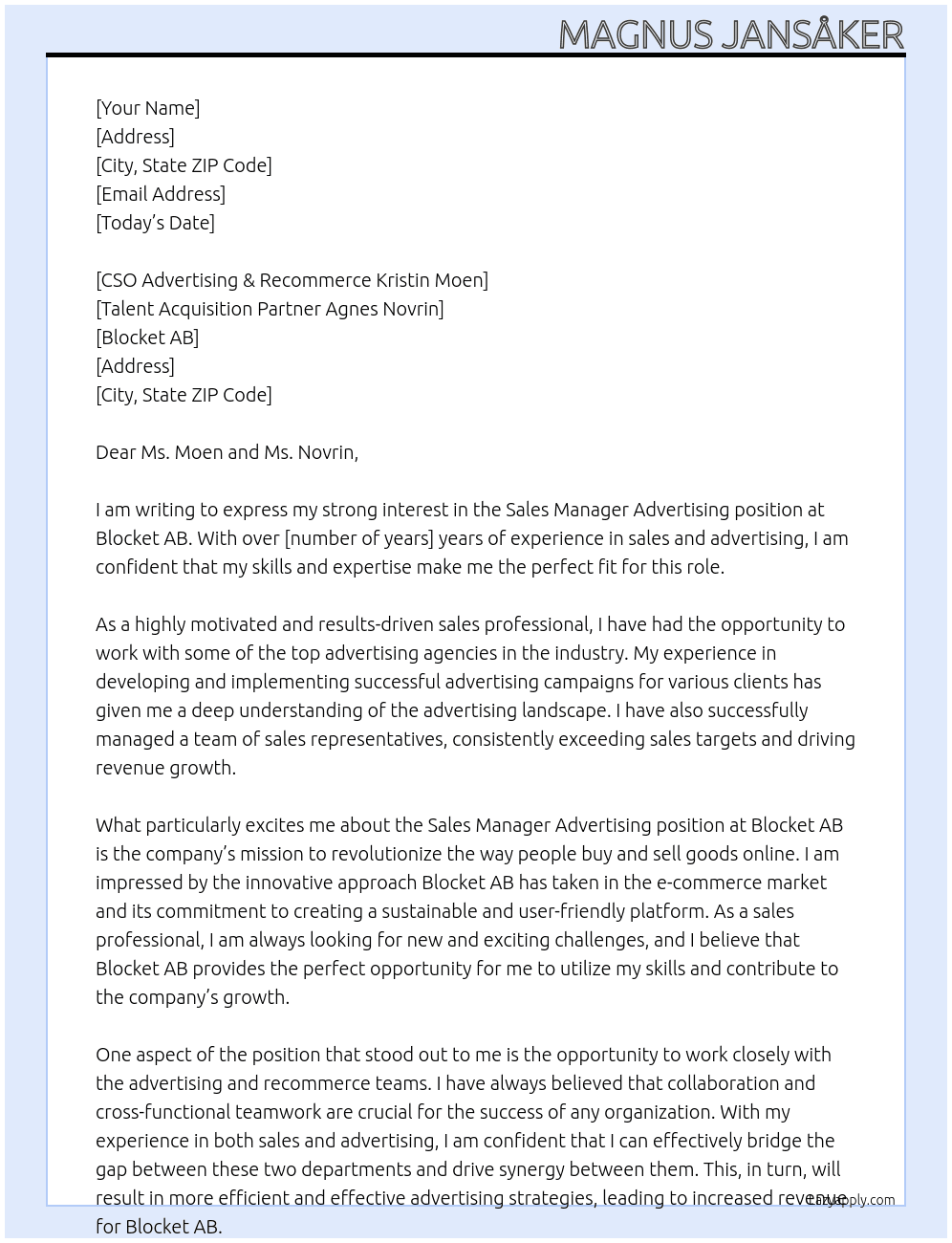 Sales Manager Advertising At Blocket AB Cover Letter