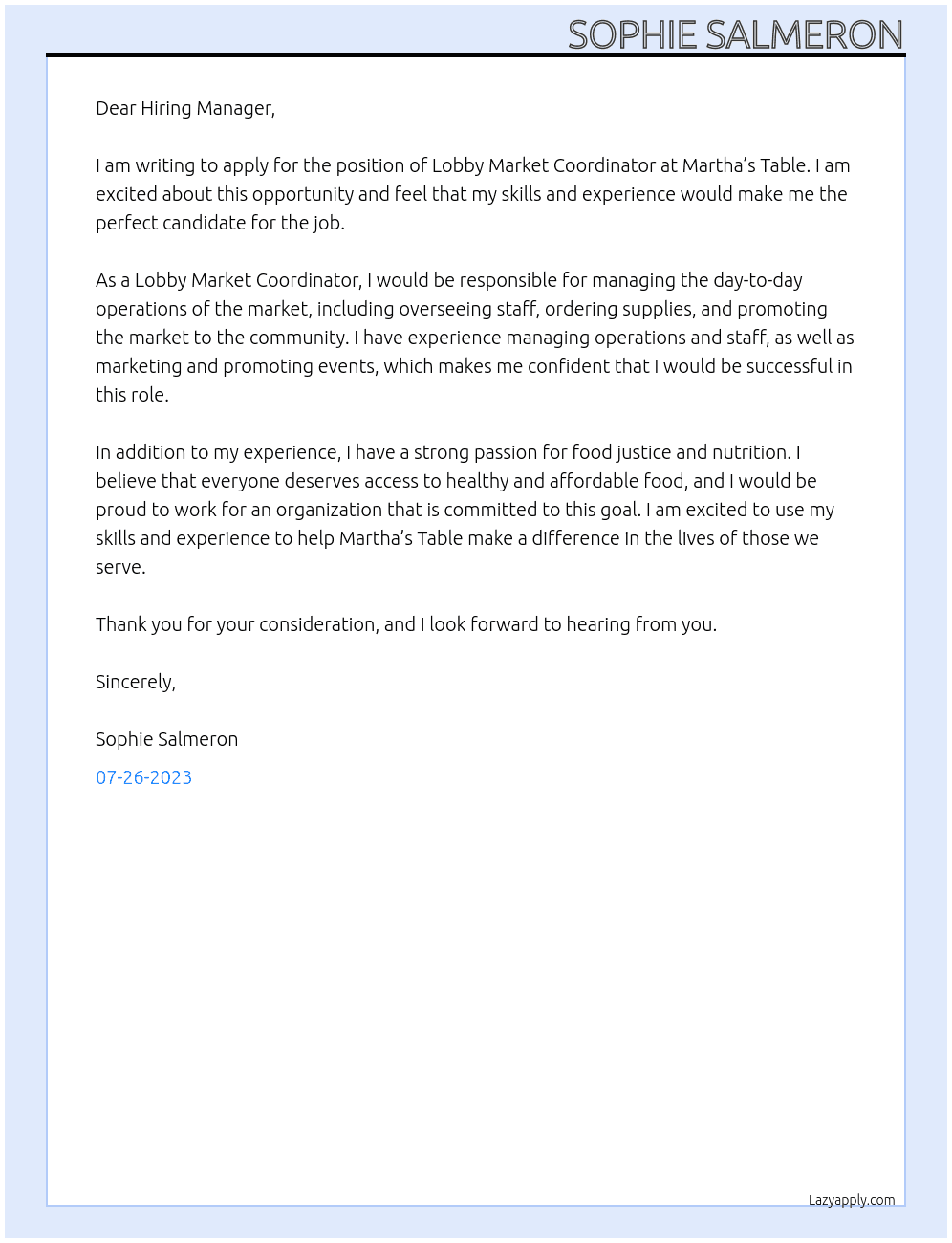 Lobby Market Coordinator  At Martha’s Table Cover Letter