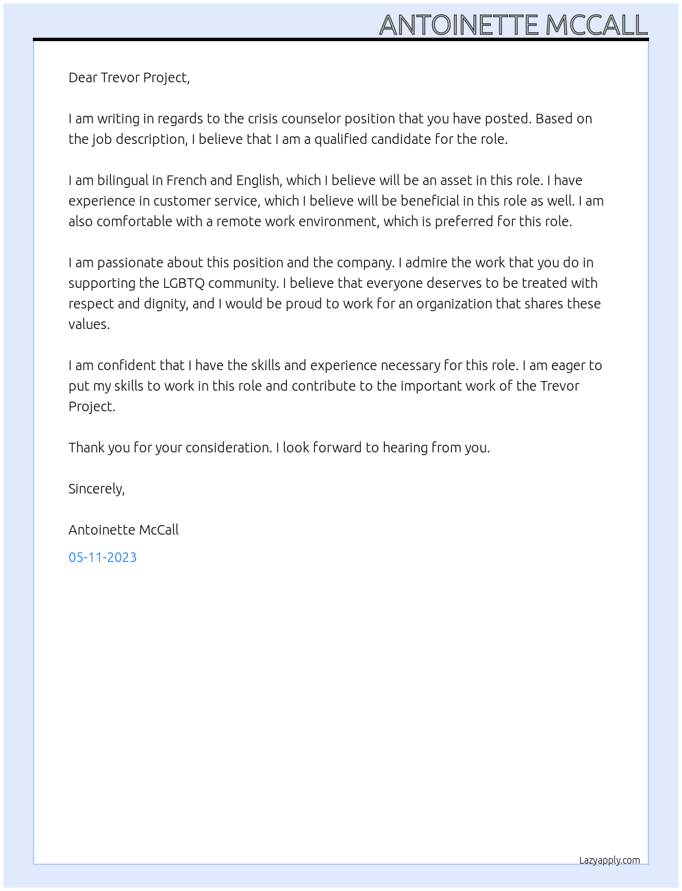 Crisis counselor At Trevor project Cover Letter